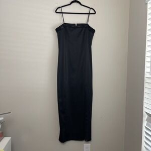 90s Y2K Minimalist Lace Trim Slit Evening Formal Black Satin Slip Maxi Dress